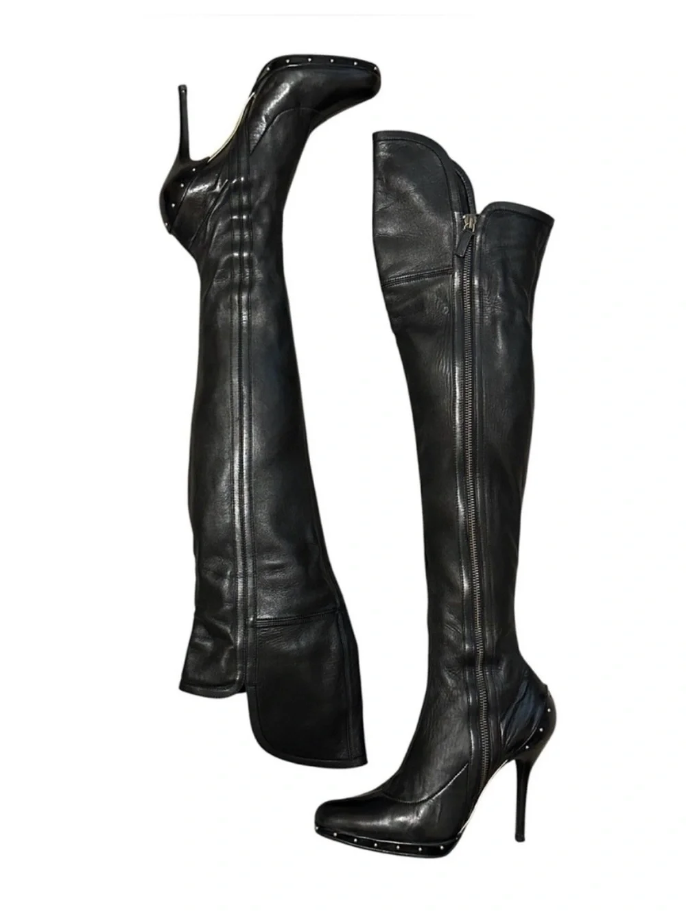 GUCCI TOM FORD FW 2003 Black Nappa Leather Studded OTK Thigh High Boots 37.5